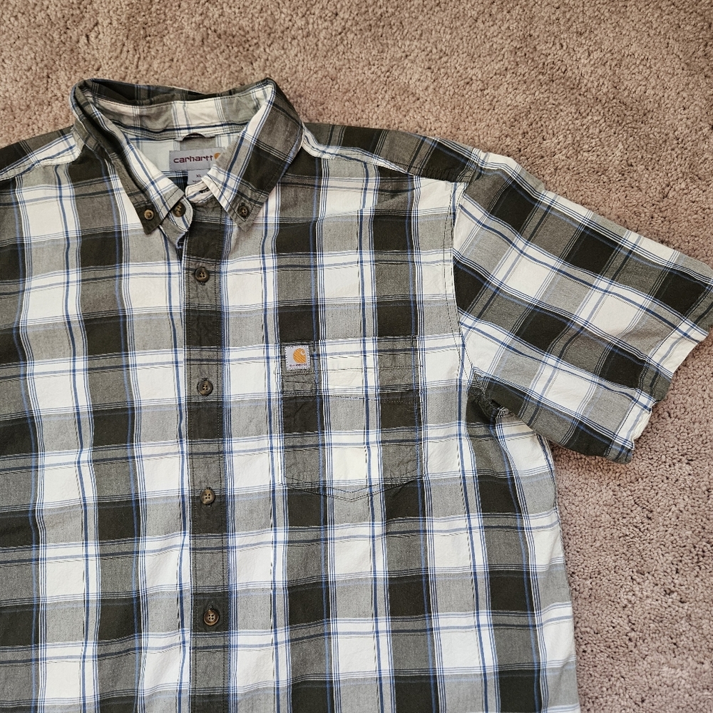 Carhartt Short Sleeve Butron Down Blue White Plaid Shirt Mens XL Casual Workwear